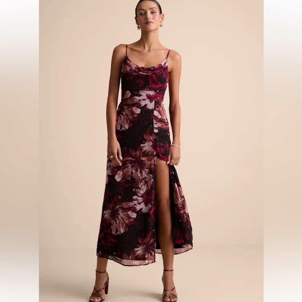 Lulus Flowery Passion Burgundy Floral Print Cowl Neck Midi Dress size small